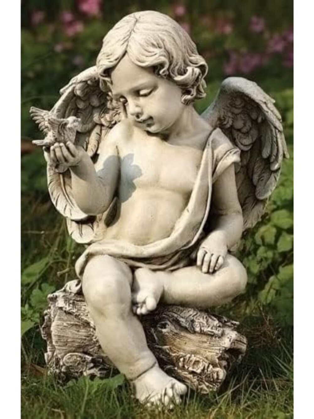 12" Cherub with Dove Garden Statue - Elegant Outdoor Decor & Garden Accents